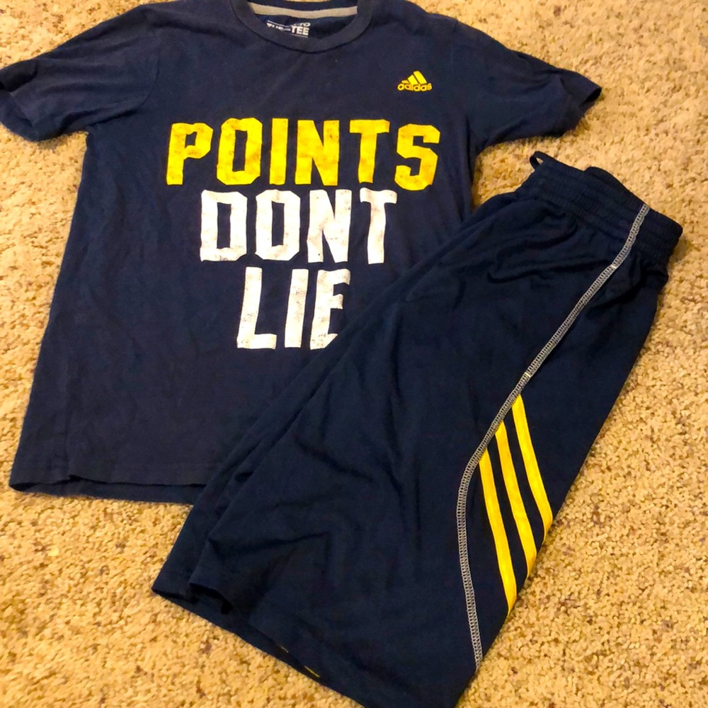 Adidas boys navy shirt and shorts size Med